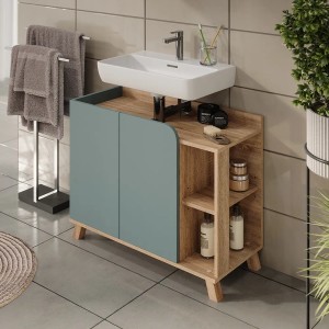 Vicco Waschbeckenunterschrank Karen, Sonoma/Blau, 80 cm breit, mit 2 Türen. Badmöbel für mehr Stauraum.