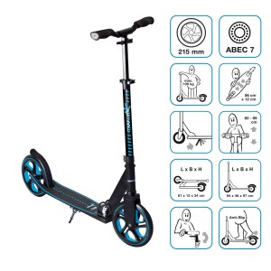 Muuwmi Tretroller Pro, blau, mit 215 mm Rollen, ABEC 7 Kugellager und höhenverstellbarem Lenker.
