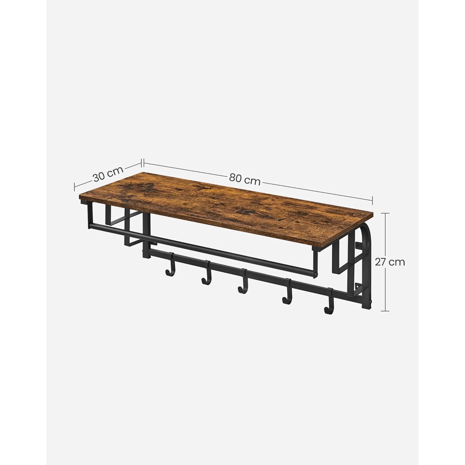 Songmics Wandgarderobe im Industrie-Design mit Ablage, 5 Haken, braun-schwarz.