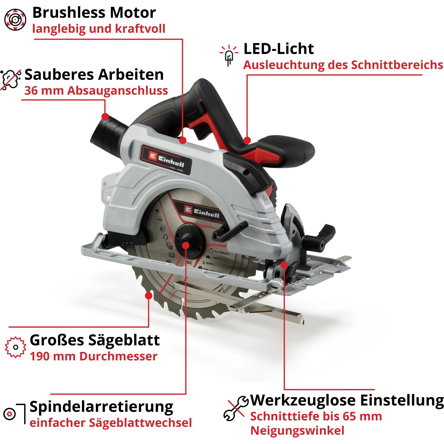 Einhell Akku-Handkreissäge TP-CS 18/190 Li BL Solo: Akku-Kreissäge mit großem Sägeblatt und bürstenlosem Motor.