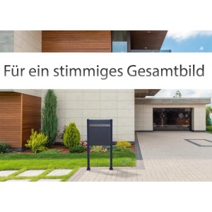 Anthrazitfarbener MCW Paketkasten K41 auf Ständer vor modernem Haus. Eleganter Briefkasten für sichere Paketannahme.