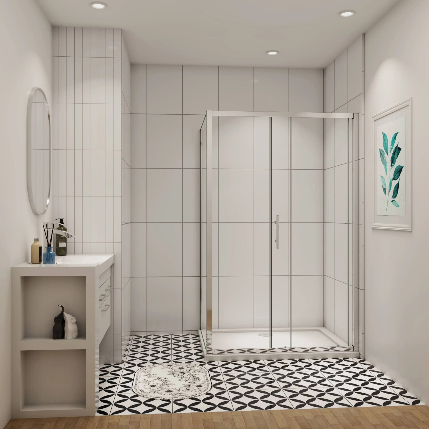AICA Duschkabine 110cm mit Seitenwand, Schiebetür, chromglänzendem Rahmen und Sicherheitsglas in Badezimmer.