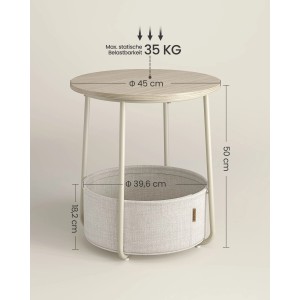 Vasagle Beistelltisch beige-weiß mit Stoffkorb, Ø 45x51cm. Praktischer Nachttisch mit Stauraum.
