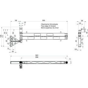 Maßzeichnung der schwarzen Evoline Wing Kabelführung für Schubladen. Details zur Installation von Elektroinstallationsmaterial.