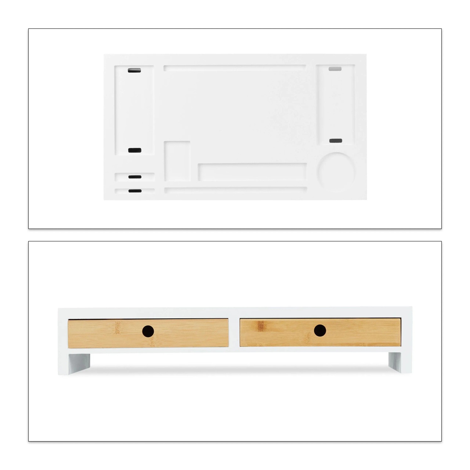 Relaxdays Monitorständer Organizer MDF Bambus Weiß Natur Mit 2 Schubladen 58,5 cm x 32,5 cm x 11 cm