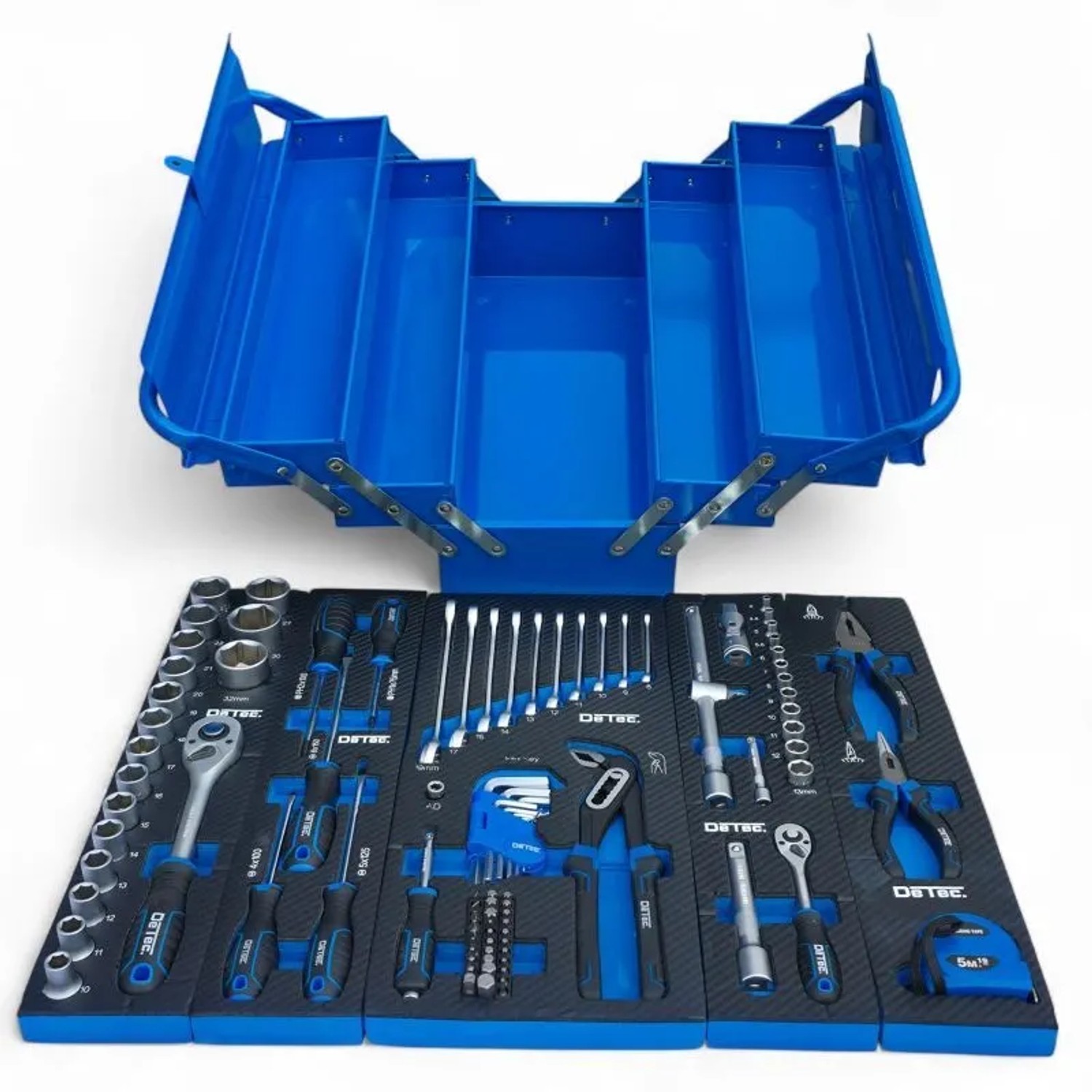 DeTec. Metall Werkzeugkiste V2 Gefüllt 96 tlg In Blau Mit Carbon Optik Einlegern Zum Aufklappen