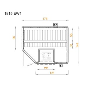 Skizze der Finntherm Sauna Pearl 2015, 194x144cm, mit Maßen und Türposition.