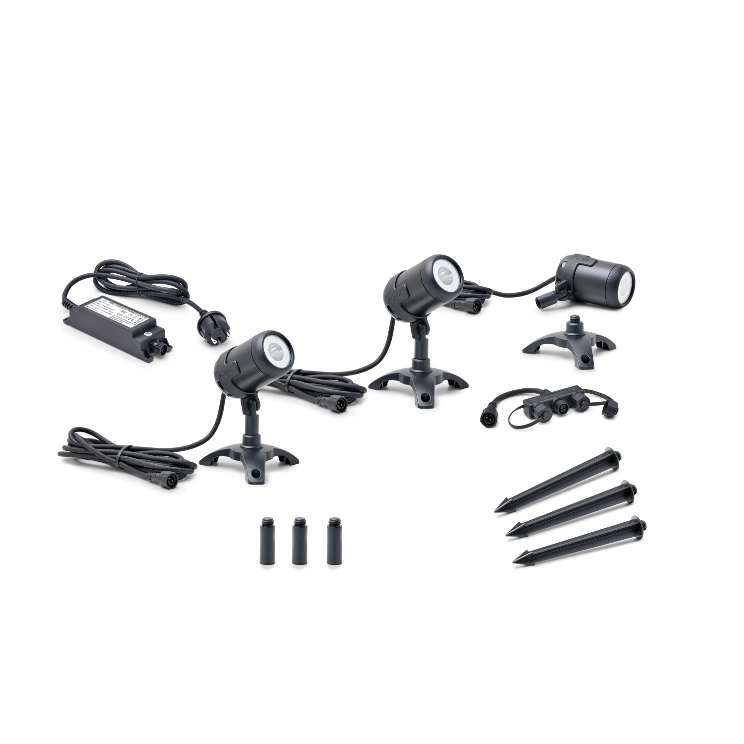 Oase LunAqua Connect M 3er-Set: Teichbeleuchtung mit 3 Spots, Trafo, Erdspieße und Zubehör.