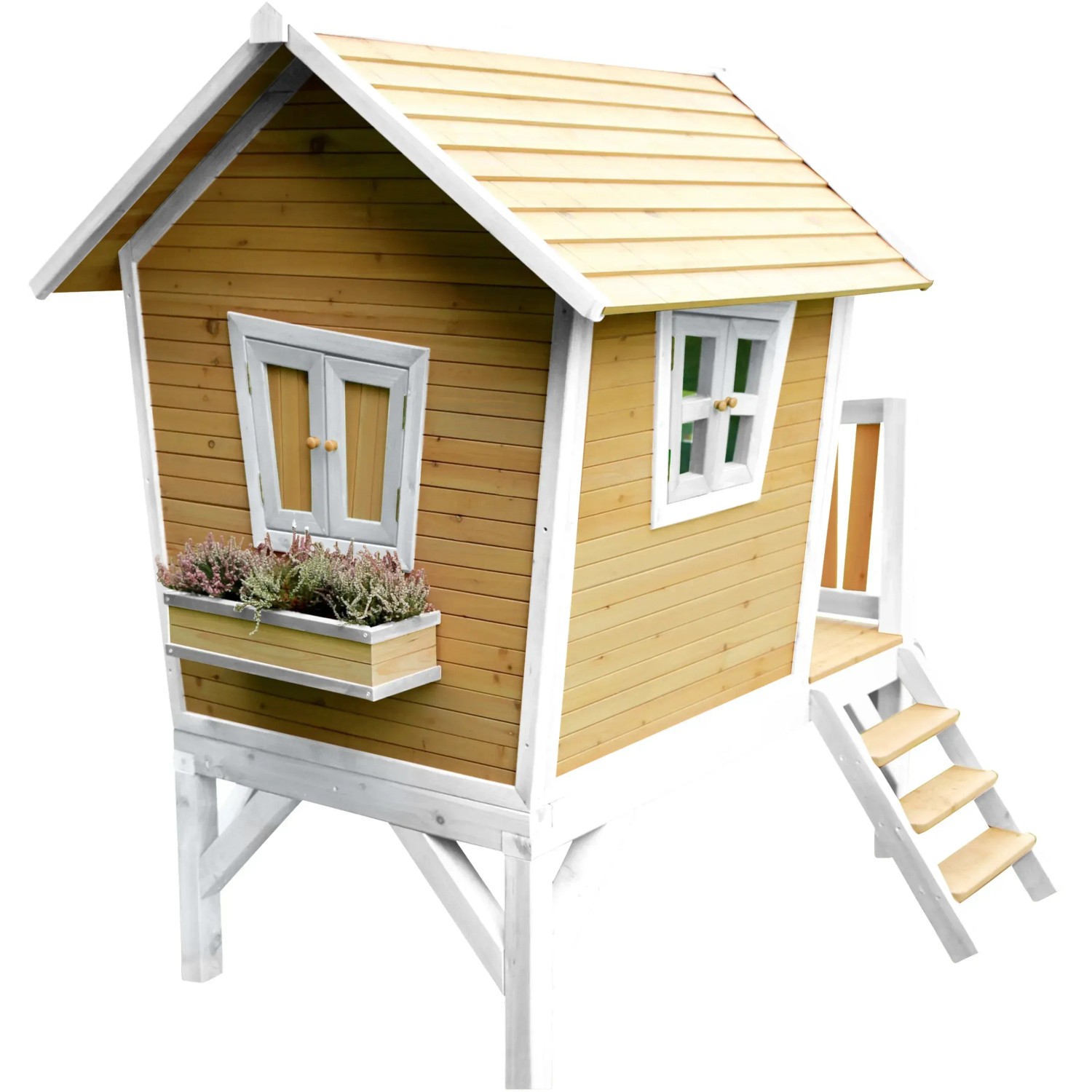 Axi Robin Spielhaus aus Holz, braun-weiß mit Rutsche, Leiter und Blumenkasten.