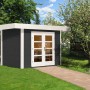 Modernes, anthrazitfarbenes Weka Holz-Gartenhaus mit Flachdach und Doppeltür mit Glaseinsatz.