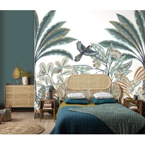 Erismann Fototapete Tropical Dream, 250x280cm, Grün, mit tropischem Blätter- und Vogelmuster im Schlafzimmer.