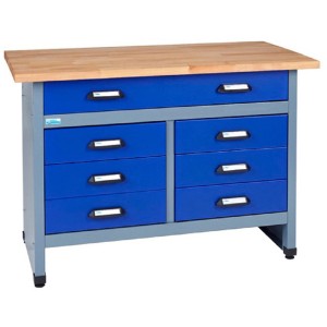 Küpper Werkbank Modell 12127 mit 7 Schubladen und Holzplatte, 1200 mm breit.