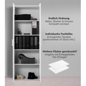 Weißer mokebo Schrank, Mehrzweckschrank mit Fächern, Ordnern, Kleidung und Schuhen.