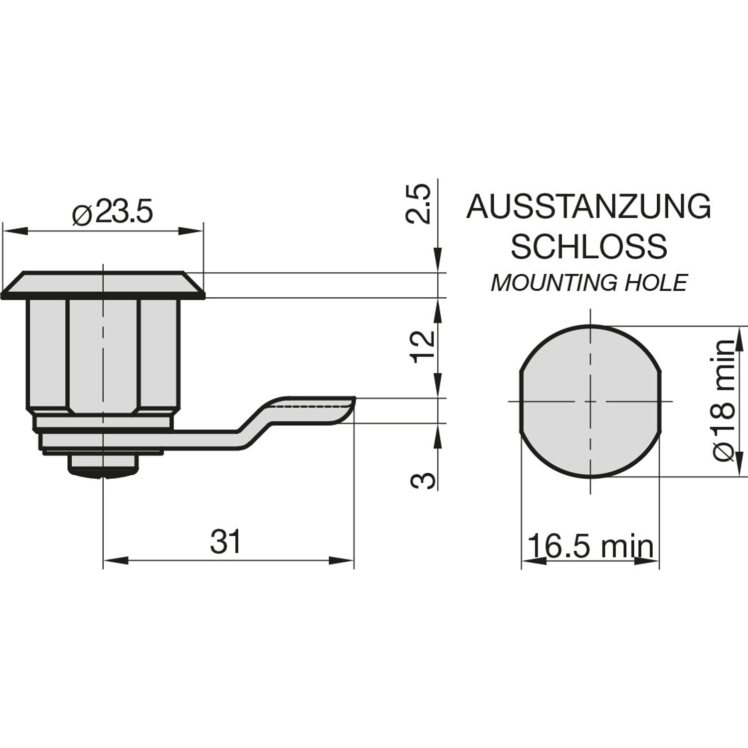 Technische Zeichnung: Basi Hebelschloss HS 340 für Briefkästen, Maße und Ausstanzung.