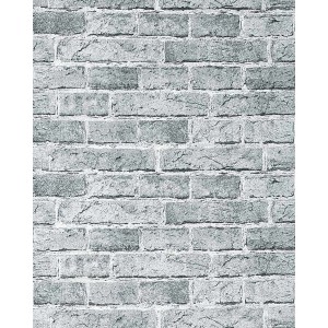 Graue Vinyltapete in 3D-Optik mit rustikalem Mauerstein-Design für Wohnräume.