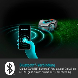 Gardena Sileno Minimo Mähroboter, gesteuert per Smartphone-App via Bluetooth.