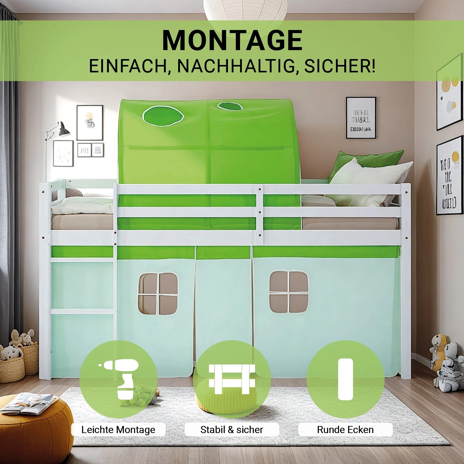 Homestyle4u Kinder Hochbett 90x200 mit grünem Tunnel und Vorhang. Weißes Holzbett mit Leiter.