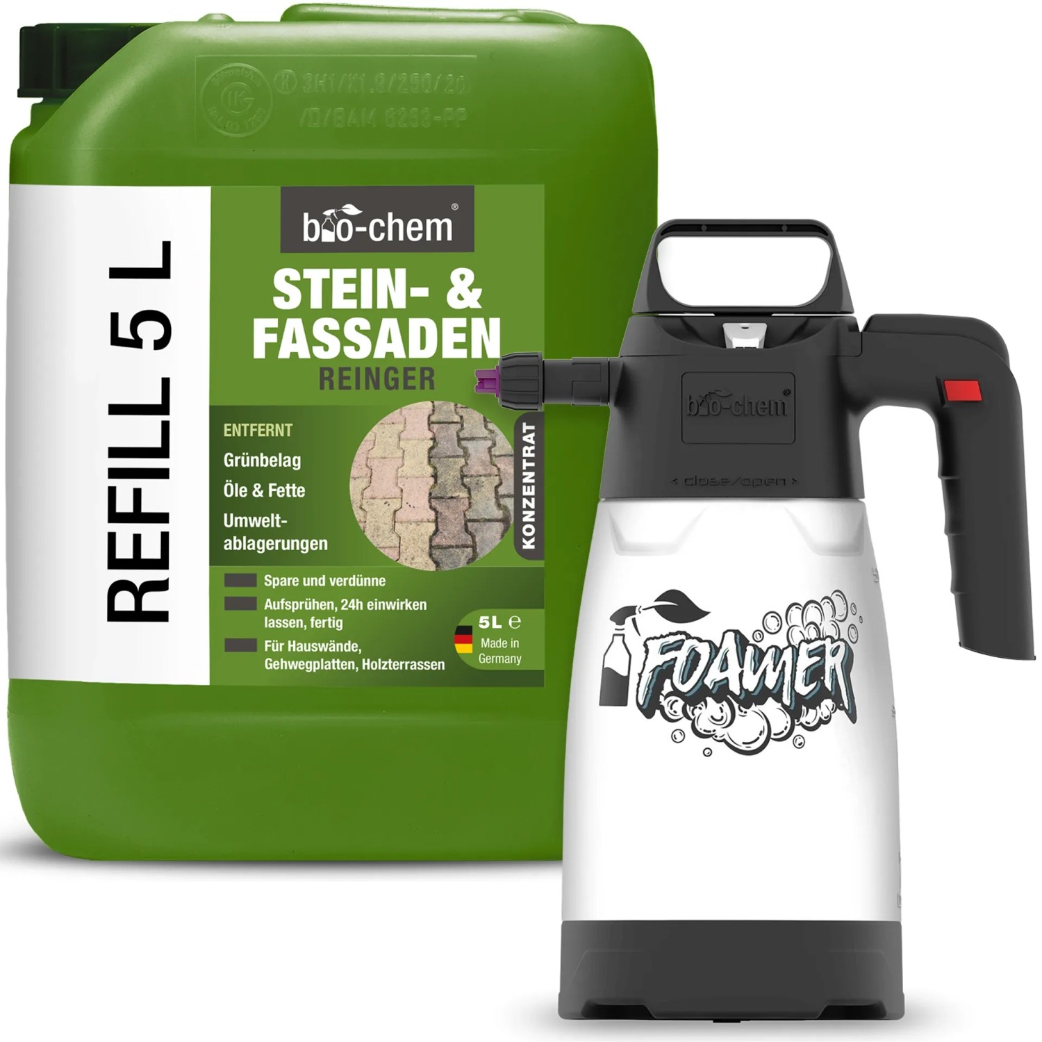 bio-chem Stein- und Fassadenreiniger 5, Kanister Set mit Schaumsprüher