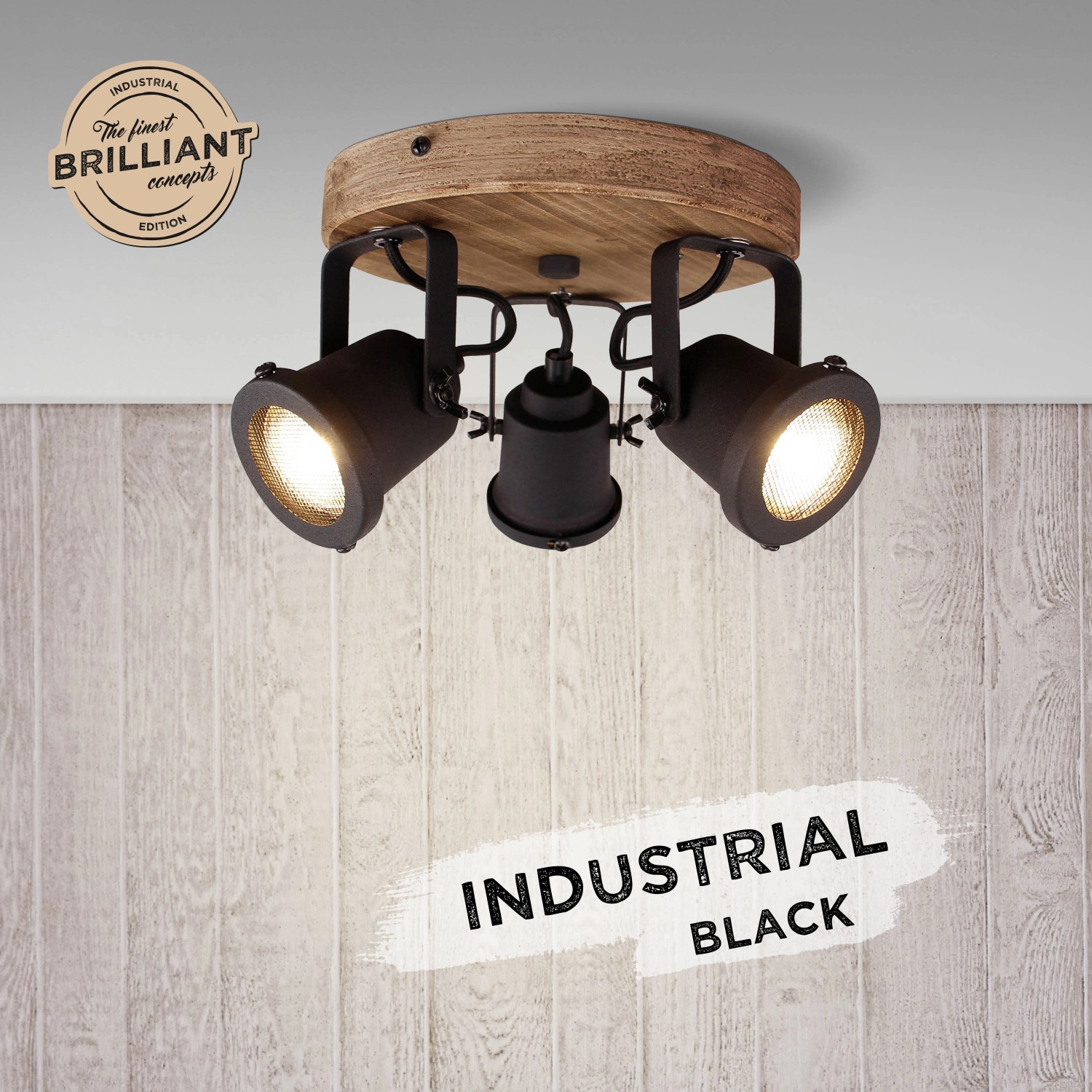 Brilliant Spotrondell Inge 3-flammig Holz dunkel und Schwarz günstig online kaufen