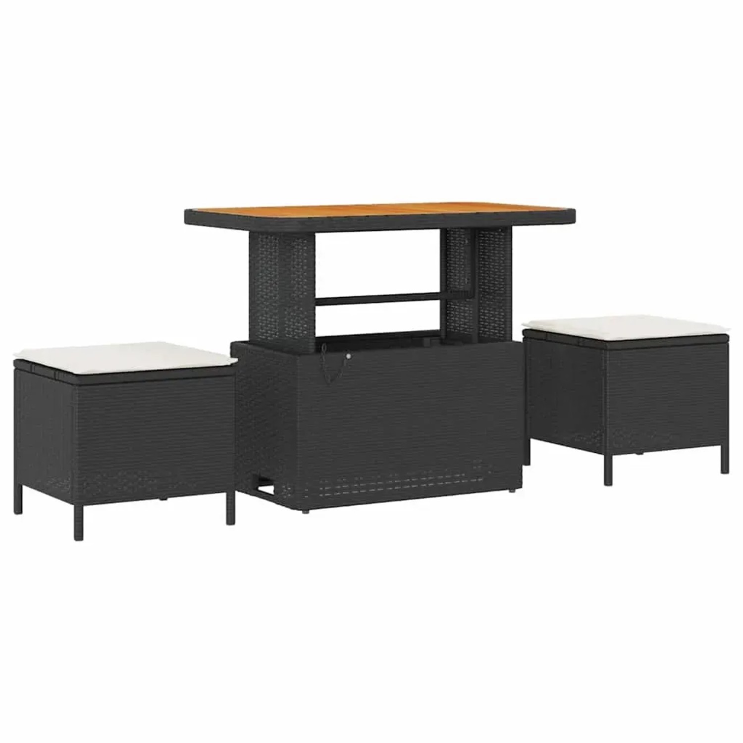 Schwarzes 11-teiliges Garten-Sofa-Set aus Poly Rattan mit Tisch und Hockern.