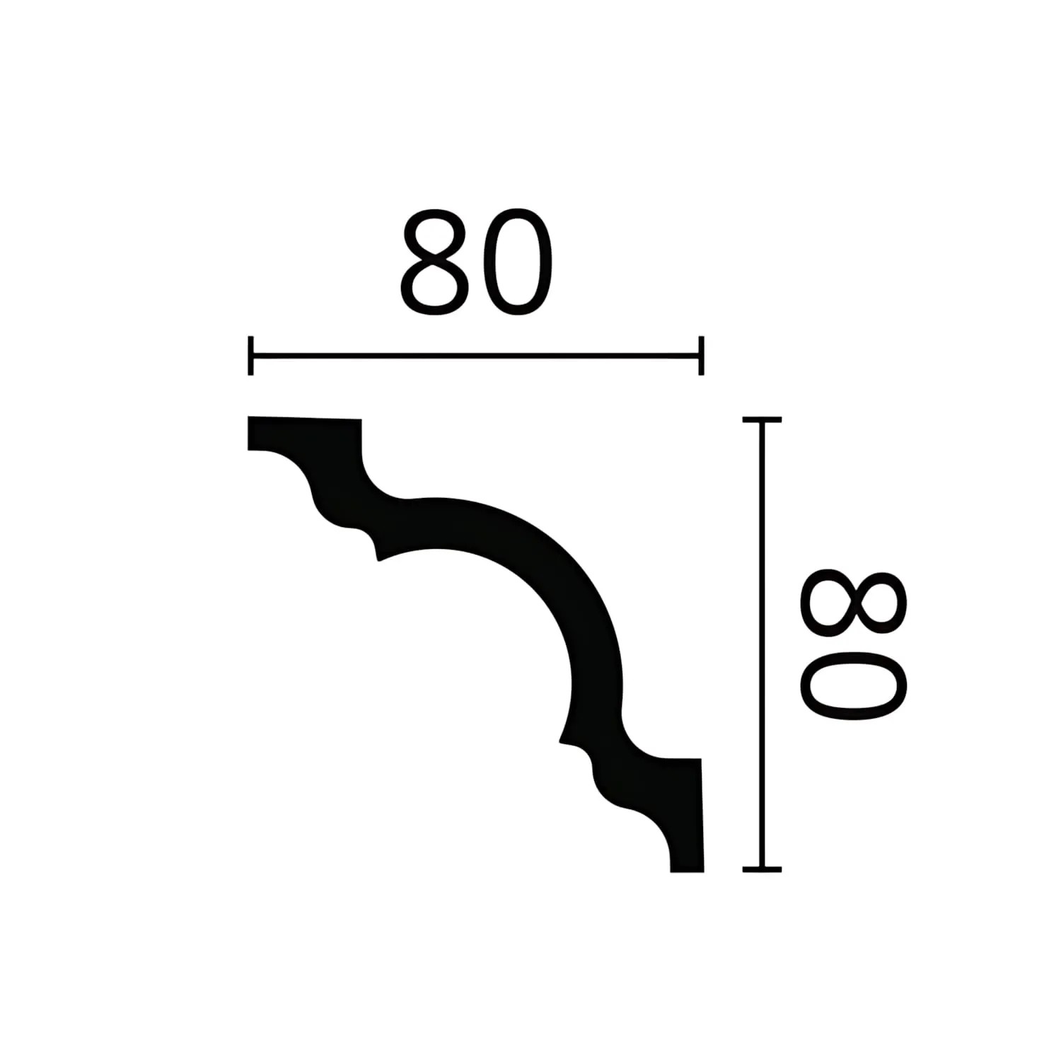 Detailaufnahme der weißen NOEL & MARQUET NMC A1 Eckleiste (8x8 cm) mit Maßangaben.