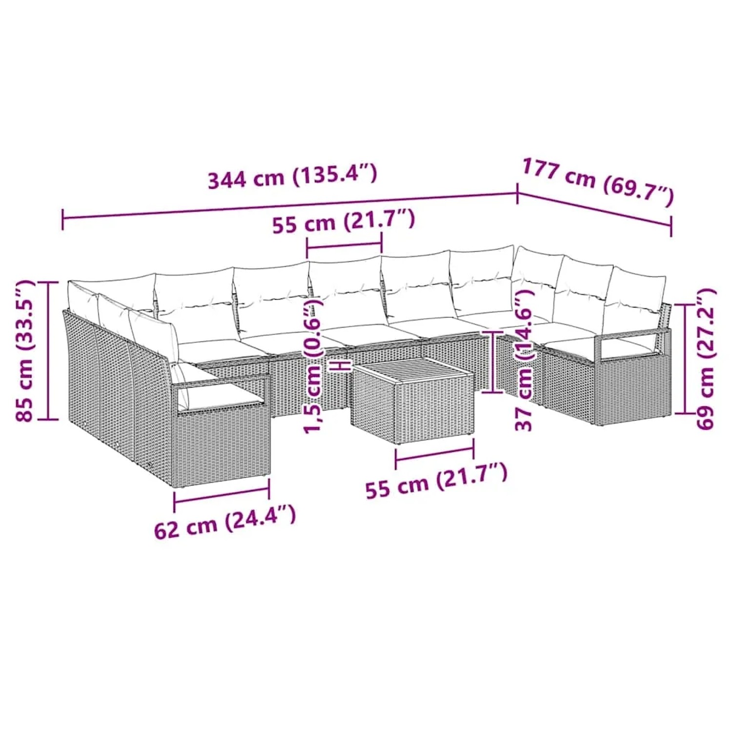 vidaXL Gartenmöbel-Set, 11-teilig, schwarzes Poly Rattan mit Kissen und Tisch.