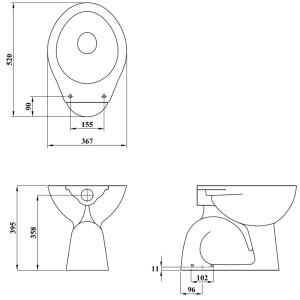 Technische Zeichnung Mito Stand-WC, Tiefspüler, senkrechter Abgang, ohne Sitz, Maße in mm.
