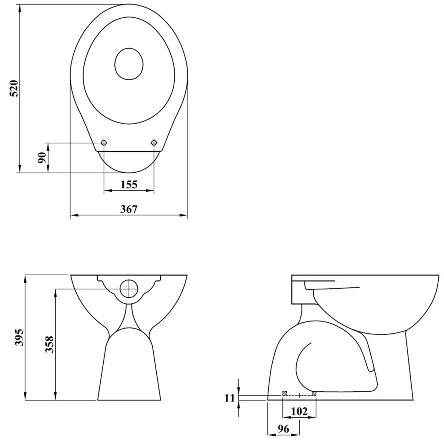 Technische Zeichnung Mito Stand-WC, Tiefspüler, senkrechter Abgang, ohne Sitz, Maße in mm.