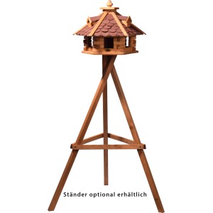 Rustikales XL-Vogelfutterhaus im Blockhaus-Stil mit rotem Dach auf optionalem Ständer.