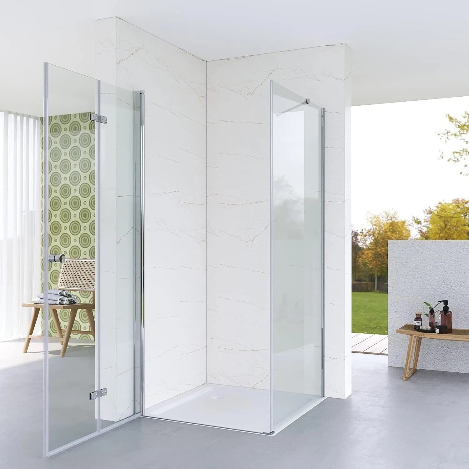 Aquabatos Eckdusche mit Falttür und Seitenwand aus 5mm ESG Sicherheitsglas, rahmenlos, 80x80 cm, in modernem Badambiente.