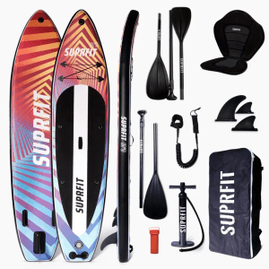 Suprfit SUP Board Set Optical: aufblasbares Board mit buntem Muster, Kajak-Sitz, Paddel, Pumpe, Rucksack für Wassersport.