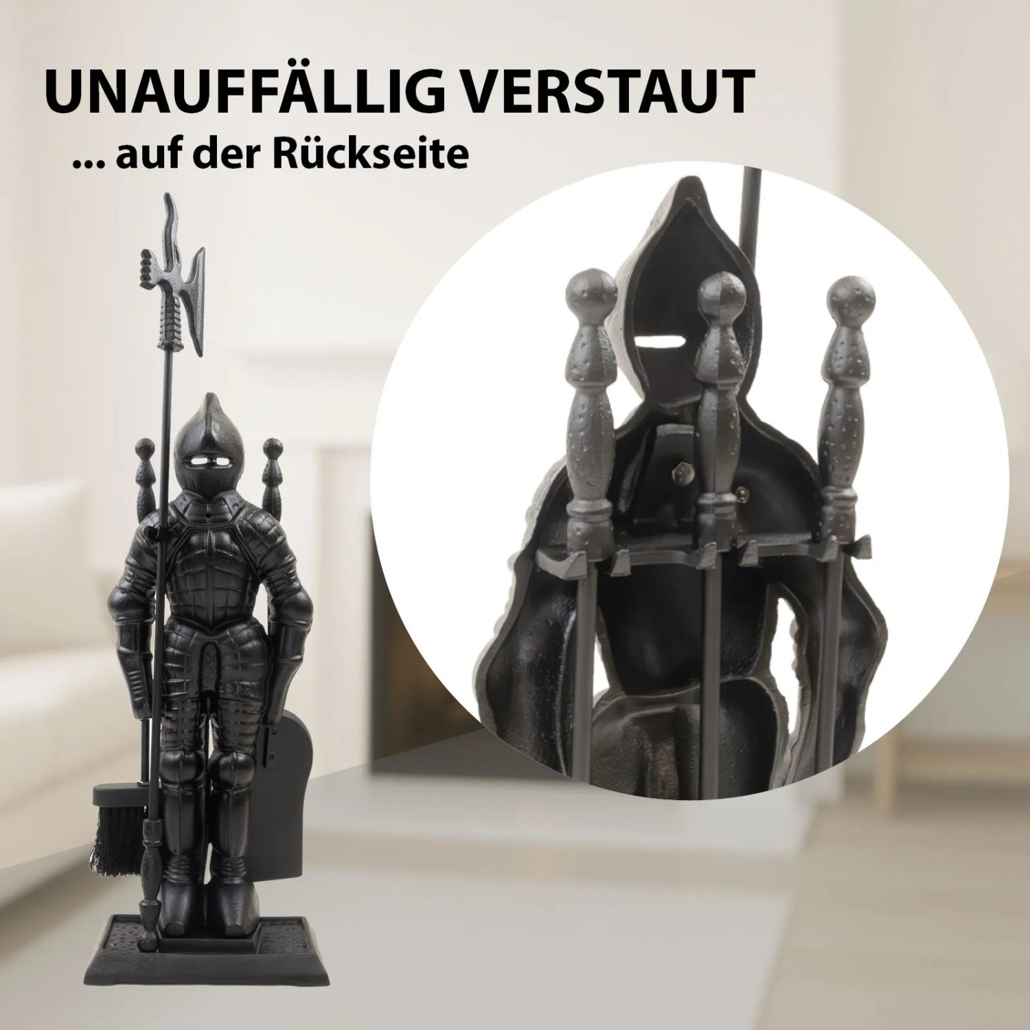 Schwarze TRUTZHOLM Kamingarnitur „Ritter“ aus Gusseisen, 4-teilig mit Schaufel, Besen und Schürhaken.