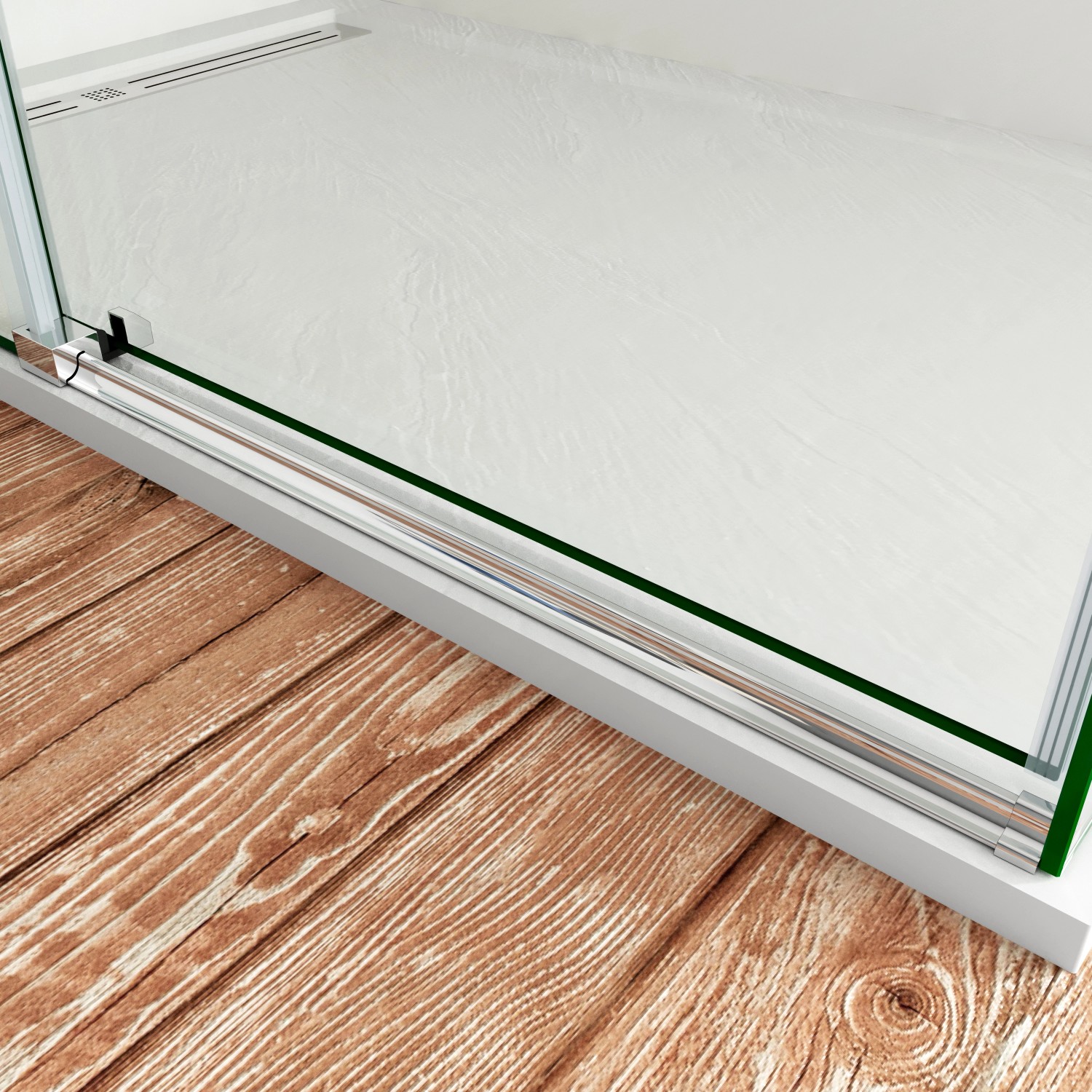 Detailaufnahme: AICA Duschkabine mit Schiebetür, 8mm ESG-Glas und Chromrahmen.