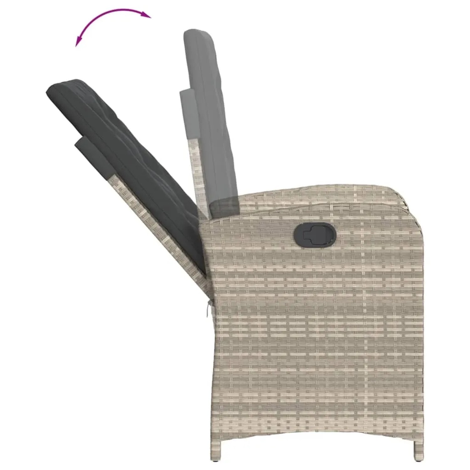 Verstellbarer Relaxsessel aus Rattan, Teil des vidaXL Bistro-Sets, hellgrau, mit anthrazitfarbenem Kissen.