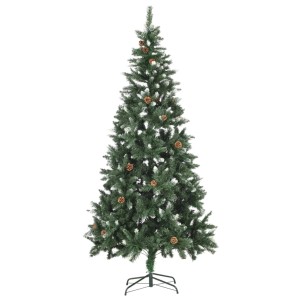 Künstlicher, grüner Weihnachtsbaum (210 cm) mit LEDs, Kugeln und Zapfen auf Metallständer.