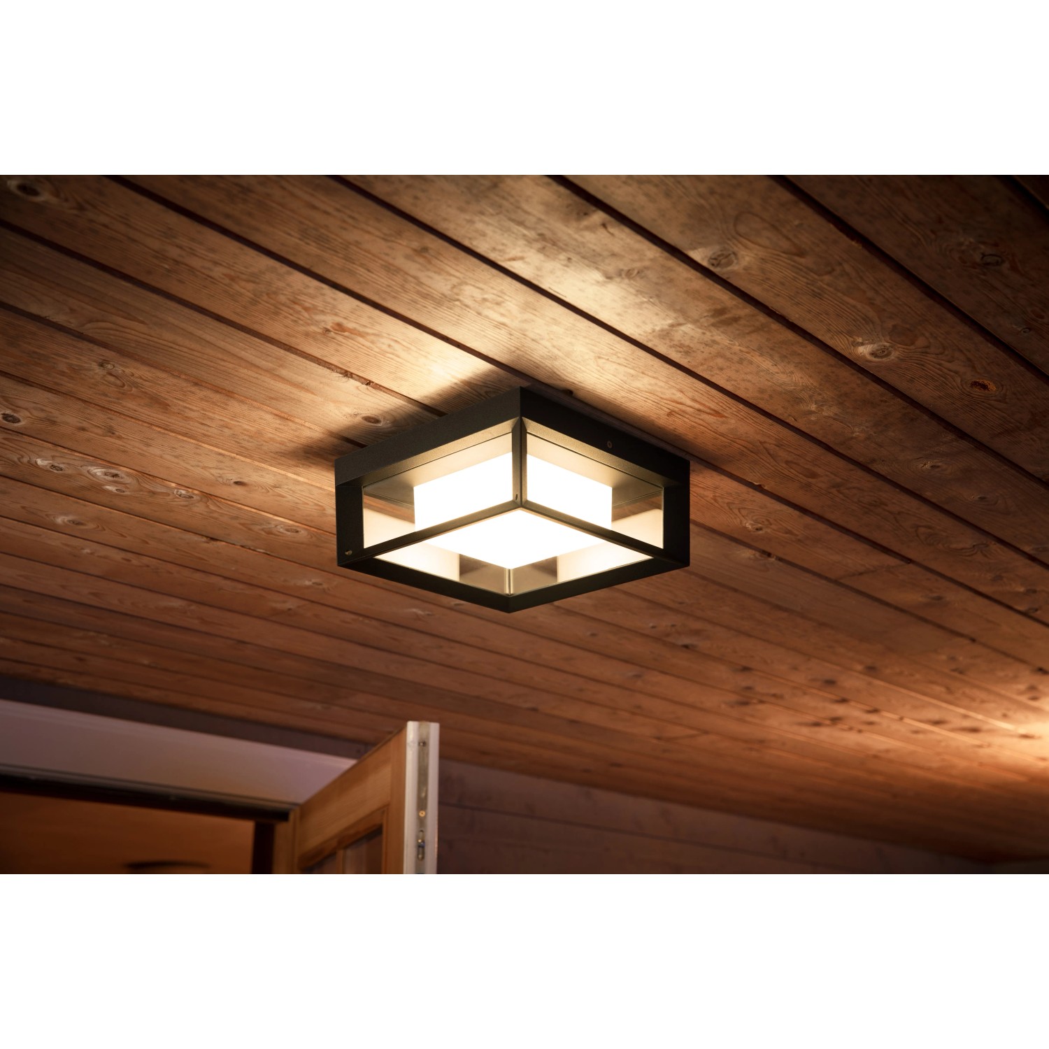 Quadratische Philips Hue Econic LED-Wandleuchte für den Außenbereich mit Farbwechsel.