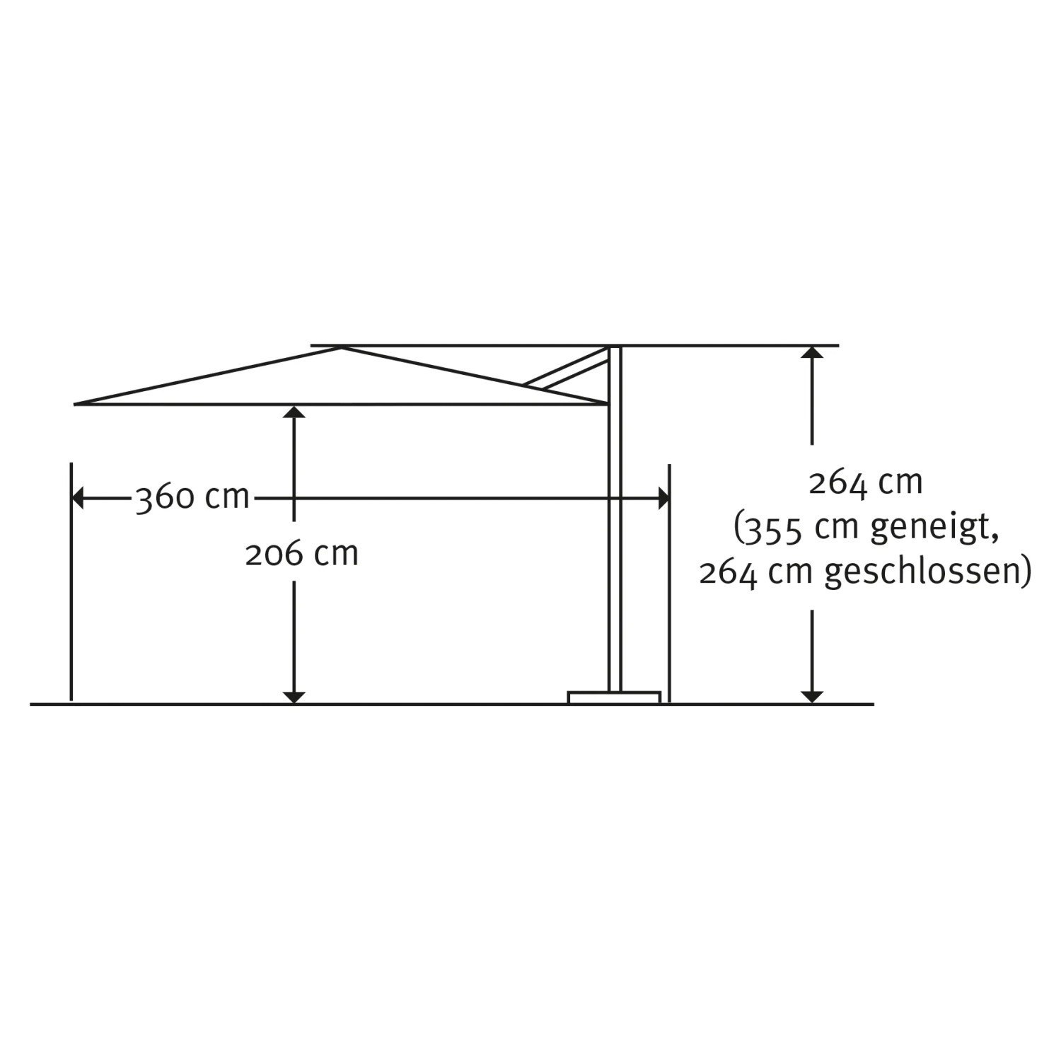 Skizze des anthrazitfarbenen Schneider Ampelschirm 300x300 cm mit Maßangaben.