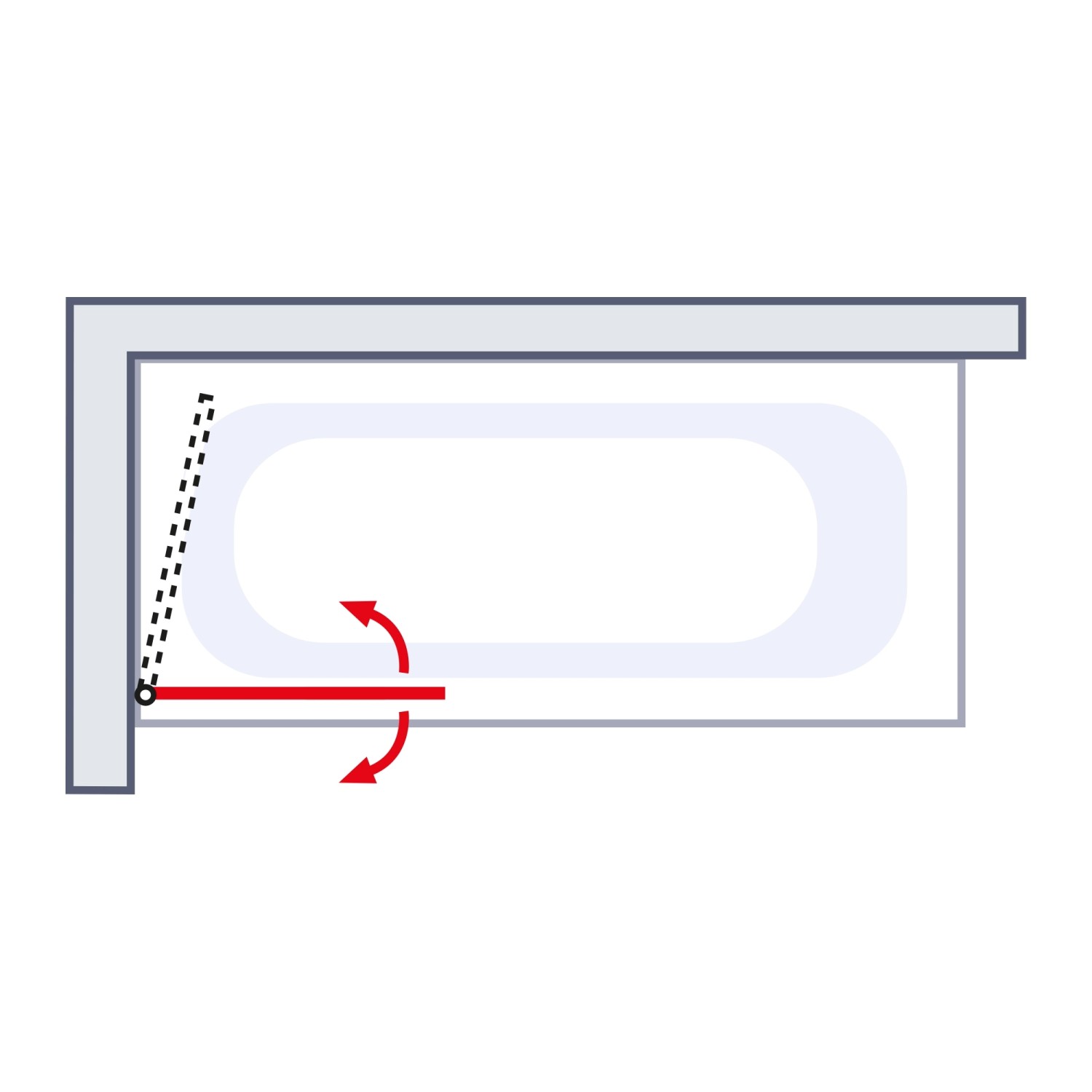 Illustration einer 2-teiligen Badewannenfaltwand von Schulte, die an der Wand befestigt ist und sich schwenken lässt.