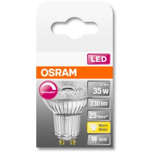 Osram GU10 LED-Lampe, 3,4W, warmweiß, dimmbar. Leuchtmittel für Wohnräume.