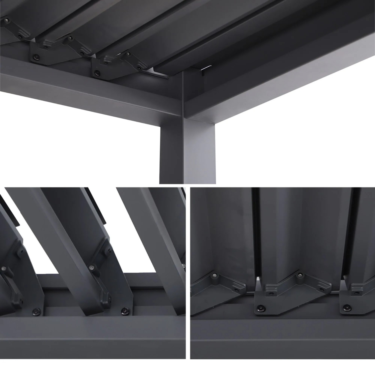 Detail der MWH Pergola Origin 88 Anthrazit. Zeigt den Mechanismus des verstellbaren Lamellendachs und die Stahlkonstruktion.