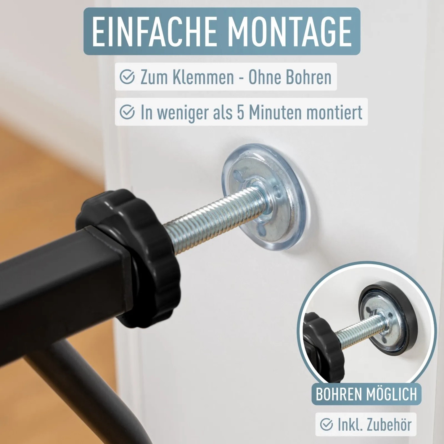 Detailaufnahme: Türschutzgitter Berrin Montage ohne Bohren mit Stellschraube an Türrahmen. Kindersicheres Treppenschutzgitter.