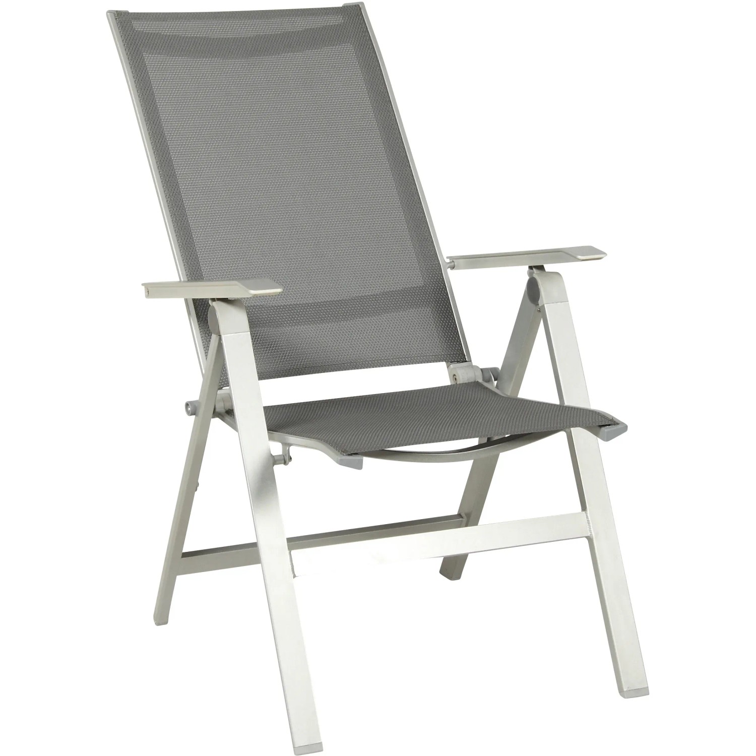 Klappsessel Urban aus dem Acamp Gartenmöbel-Set, Aluminiumgestell, grau melierte Bespannung.