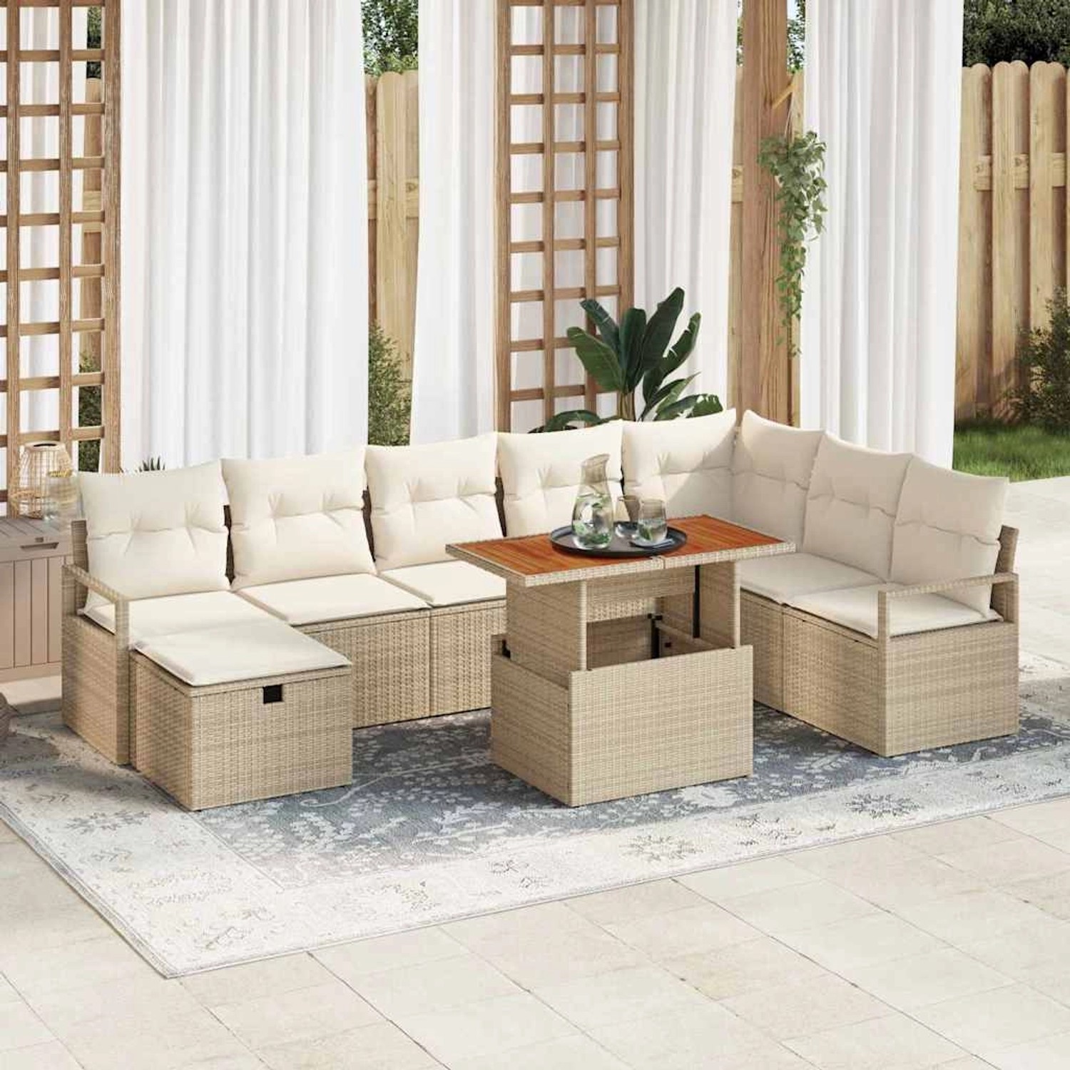 Beiges 9-teiliges vidaXL Garten-Sofa-Set aus Poly Rattan mit Kissen und Stauraum.
