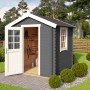 Carbongraues Lasita Holz-Gartenhaus Wels mit geöffneter Tür im Garten.