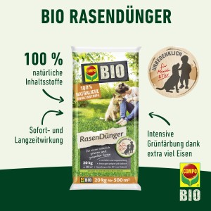 Verpackung Compo BIO Rasendünger, 20 kg für 500 m², mit Frau und Hund auf Rasen.