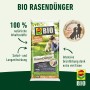 Verpackung Compo BIO Rasendünger, 20 kg für 500 m², mit Frau und Hund auf Rasen.