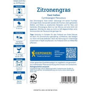 Kiepenkerl Saatgut Zitronengras East Indian: Packung mit Infos zu Aussaat, Standort und Ernte.