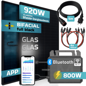 SUNNIVA Balkonkraftwerk 920W mit 800W Wechselrichter, Solarmodule, Kabel und App-Steuerung.