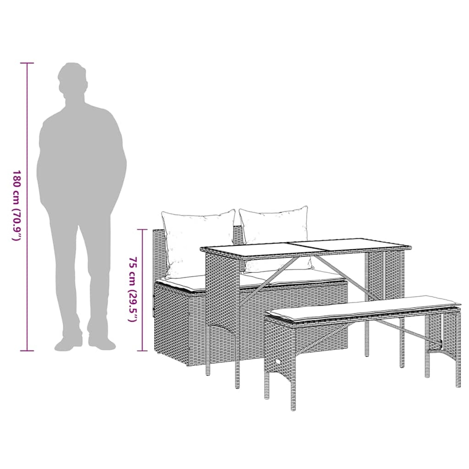 vidaXL 3-Tlg. Garten-Essgruppe aus Rattan, schwarz, mit Tisch, Bank und Sofa mit Kissen.