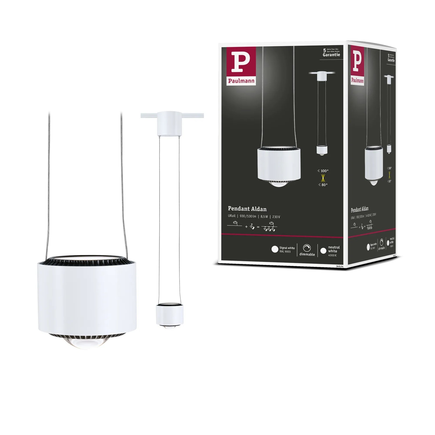 Paulmann LED-Pendelleuchte Aldan, signalweiß, für URail-Schienensysteme, mit Verpackung.